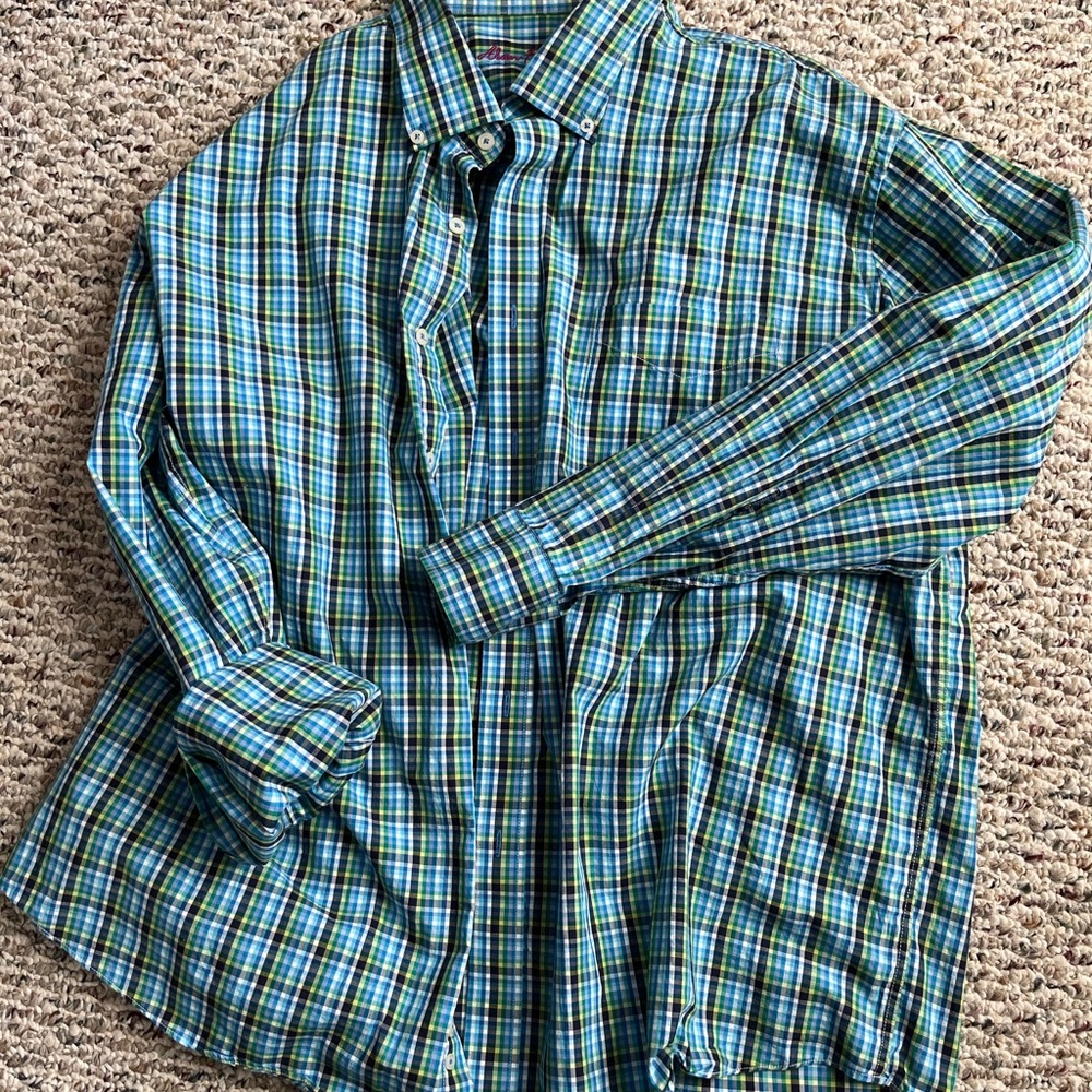 Alan Flusser Blue and Green Plaid Casual Button Down Shirt XXL